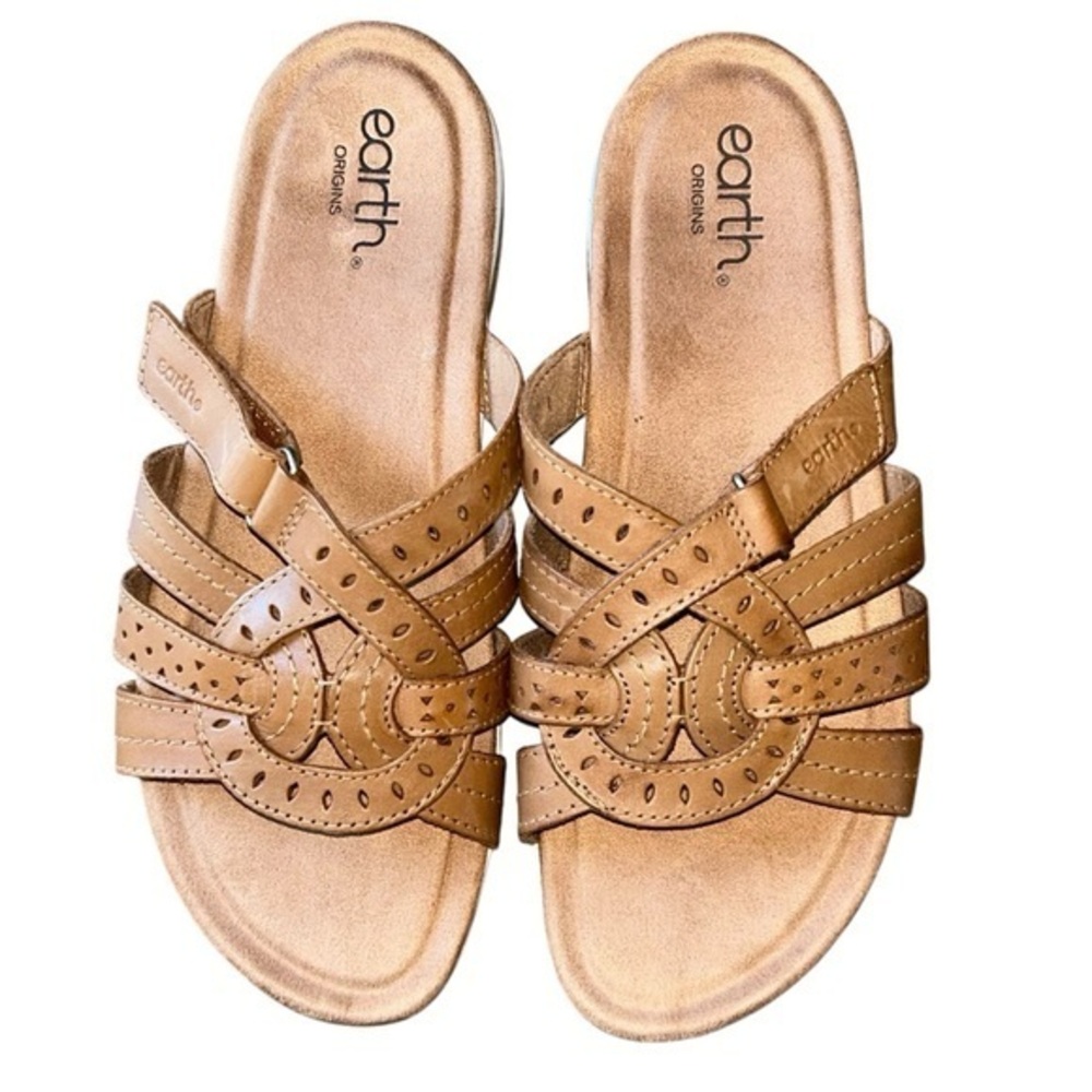 Earth Women’s Tan Leather Sassoni Strappy Casual Slip On Flat‎ Sandals Size 10W